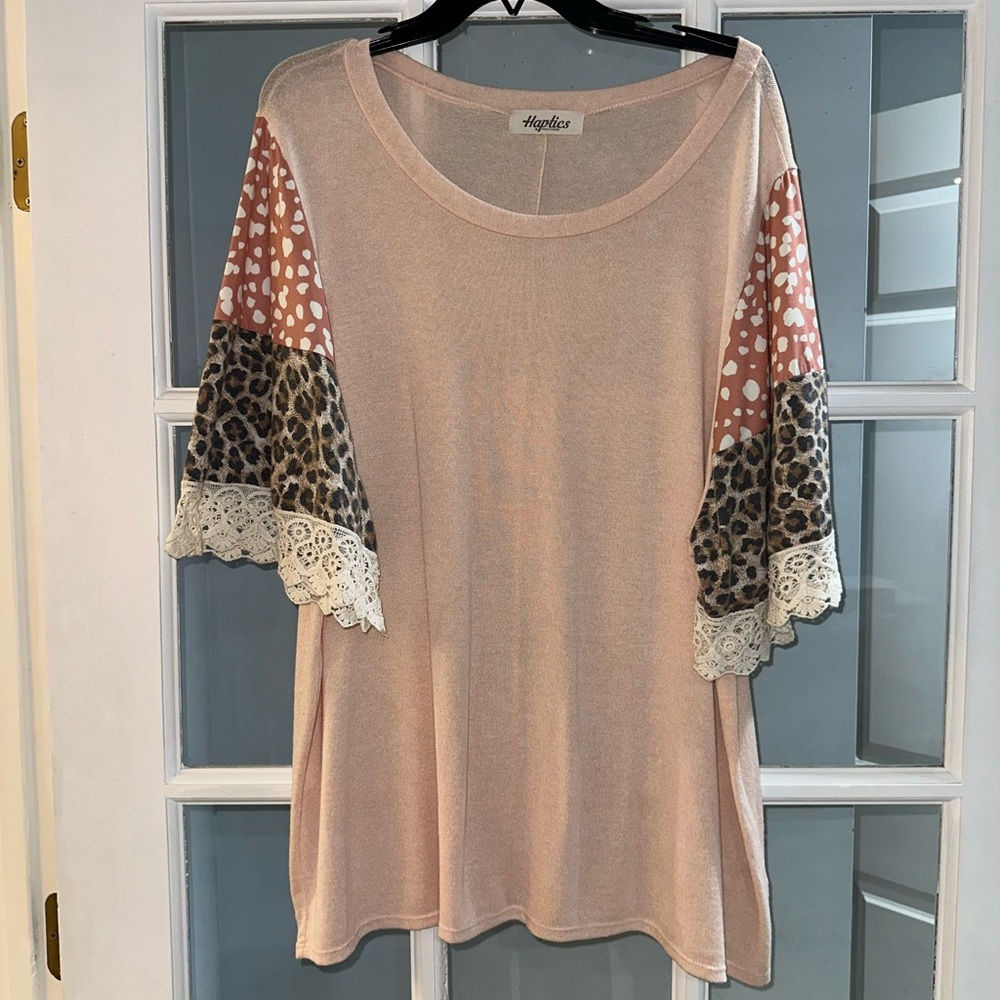 Haptics by Holly Harper Women's 1X Soft Top T-Shirt Boho Stretch Lace Ruffle